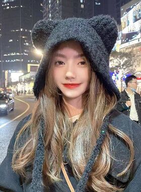 新款秋冬可爱小熊保暖女孩显脸小护耳毛线日韩系百搭针织冬帽女士