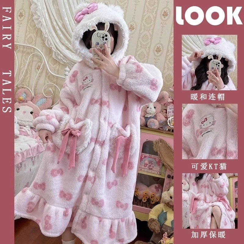 可爱小猫咪加厚珊瑚绒睡衣女2025年新款冬季网红蝴蝶结睡袍可外穿