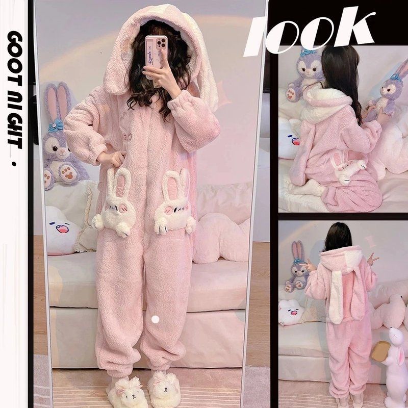 冬季连体睡衣女可爱卡通兔子连帽珊瑚绒加绒加厚保暖法绒家居服