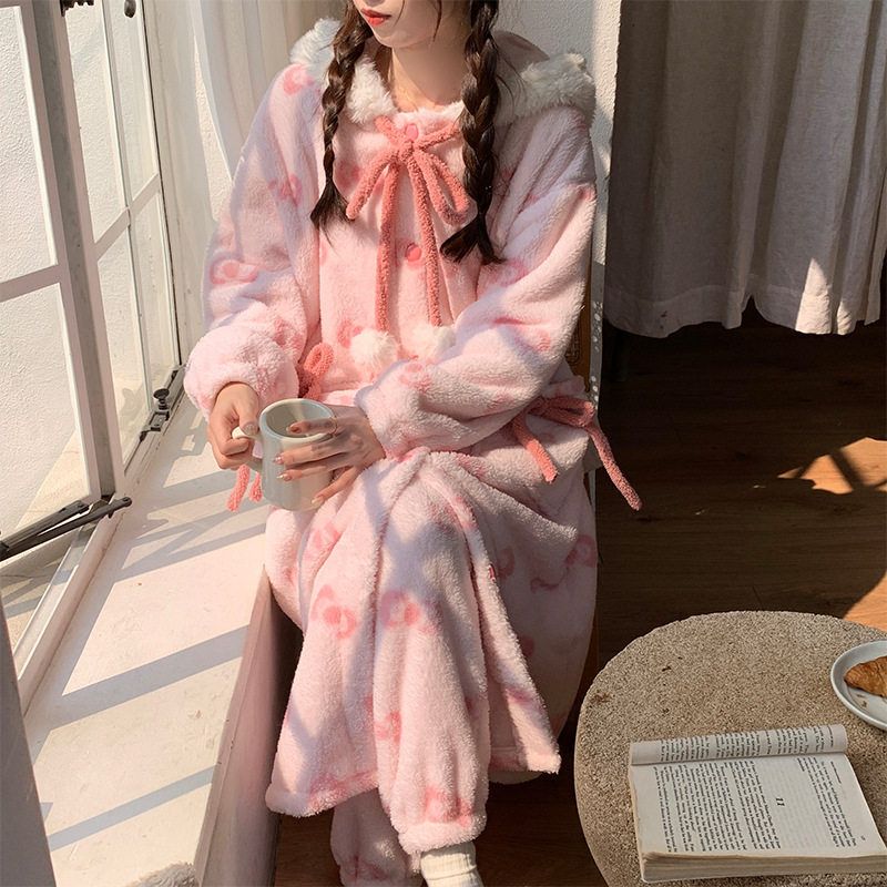 可爱猫咪毛绒连帽睡袍女冬季珊瑚绒新款加厚睡裙少女家居服套装