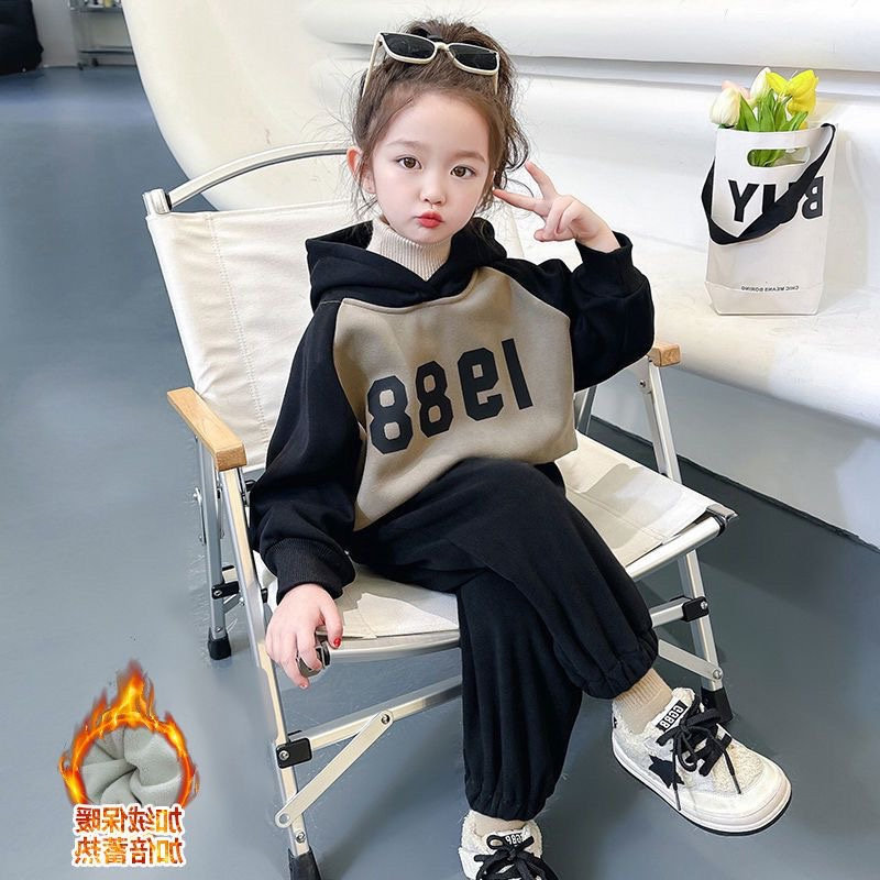 英国DHWA男女童连帽卫衣套装加绒加厚秋冬装洋气时髦炸街两件套潮