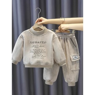 英国DHWA男童套装新款帅气加厚卫衣儿童冬季加绒时髦炸街两件套