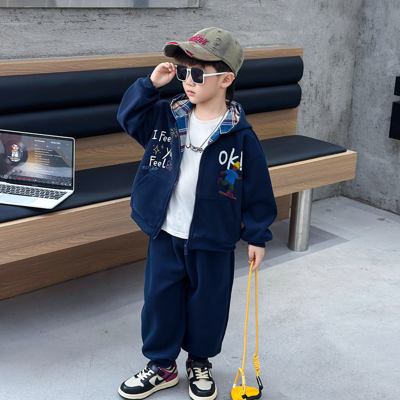 英国DHWA男童卫衣套装儿童春秋连帽外套帅气运动卫裤2025新款衣服