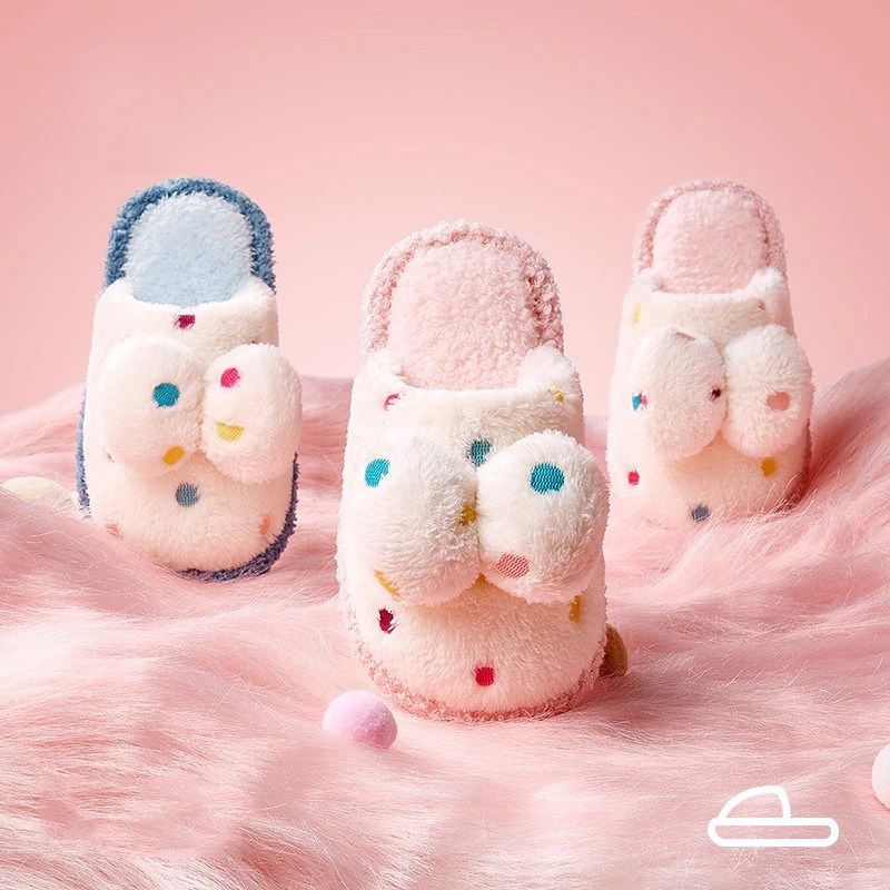 英国DHWA女童棉拖鞋秋冬季新款室内蝴蝶结可爱公主家居保暖毛拖鞋