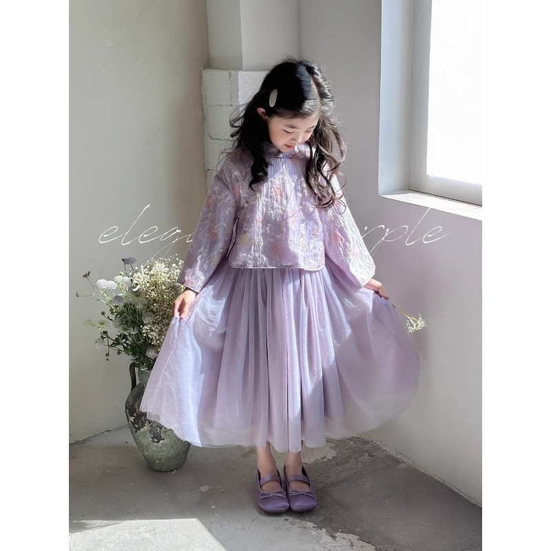 NETX LONG女童素锦旗袍两件套春秋季新款中式中大童汉服纱裙套装