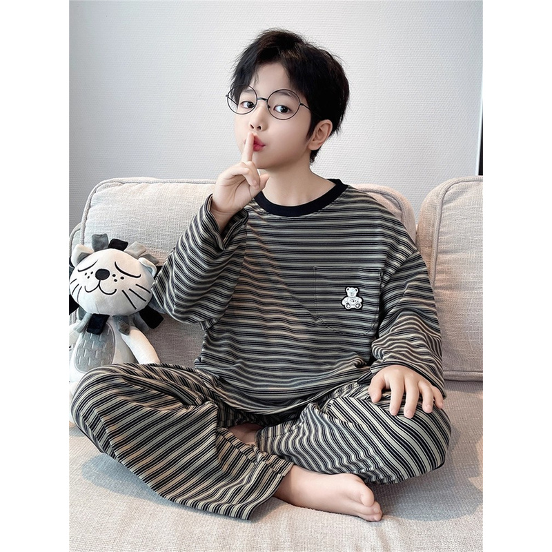 韩国Uamtor男童睡衣秋冬2025新款青少年纯棉长袖条纹休闲家居服潮