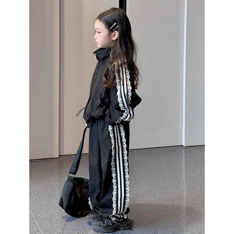 韩国Uamtor女童套装春秋2025新款女孩蕾丝运动卫衣休闲卫裤两件套