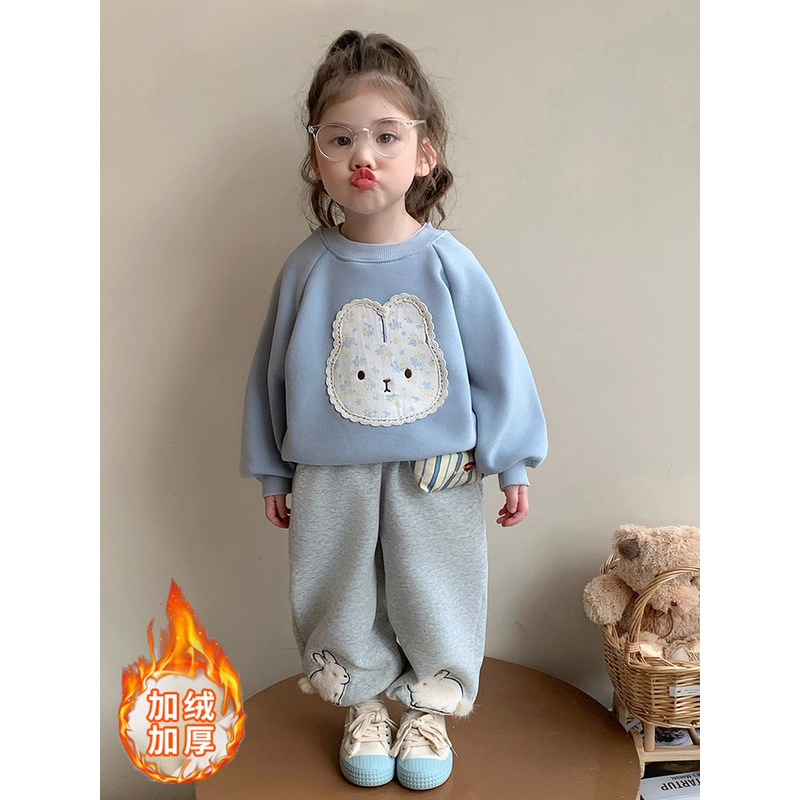 英国DHWA女童加绒卫衣套装秋冬2025新款儿童冬季衣服加厚两件套潮