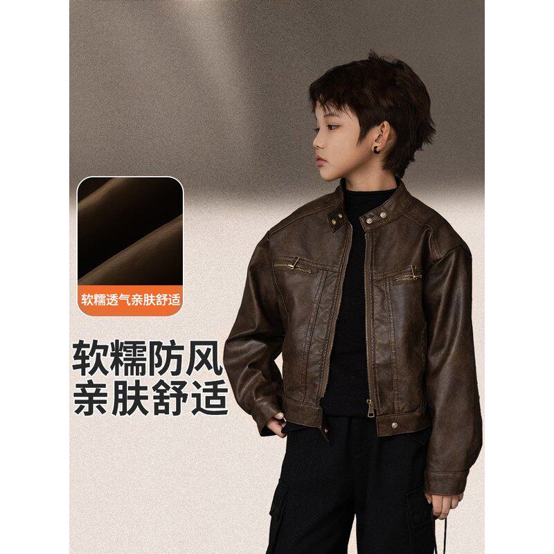 Netx inss男童外套2025秋冬新款痞帅复古皮夹克机车服儿童皮衣潮
