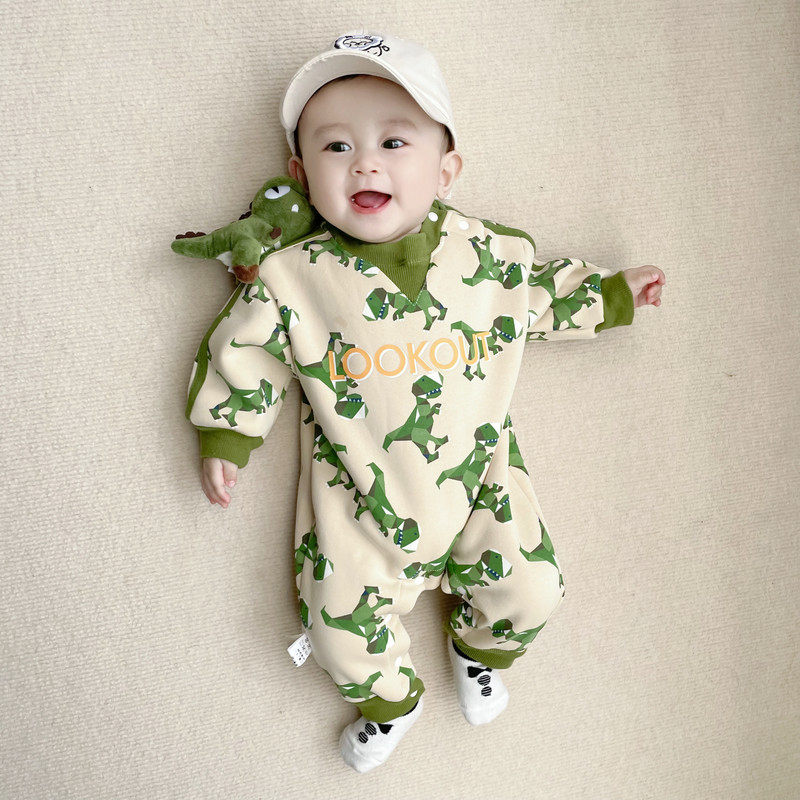 英国DHWA男宝宝连体衣春秋季洋气品牌一岁婴儿衣服超萌恐龙套装