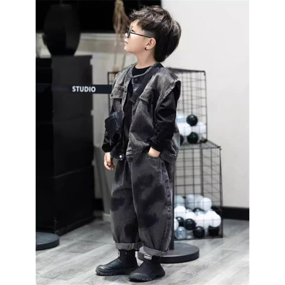 韩国Uamtor男童套装春秋2025新款时髦儿童洋气马甲爆款百搭牛仔裤