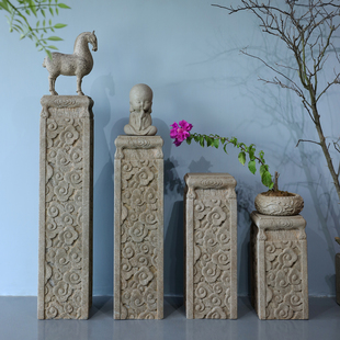 新中式祥云展示柱室内客厅玄关仿石柱摆件 户外落地花园花盆底坐