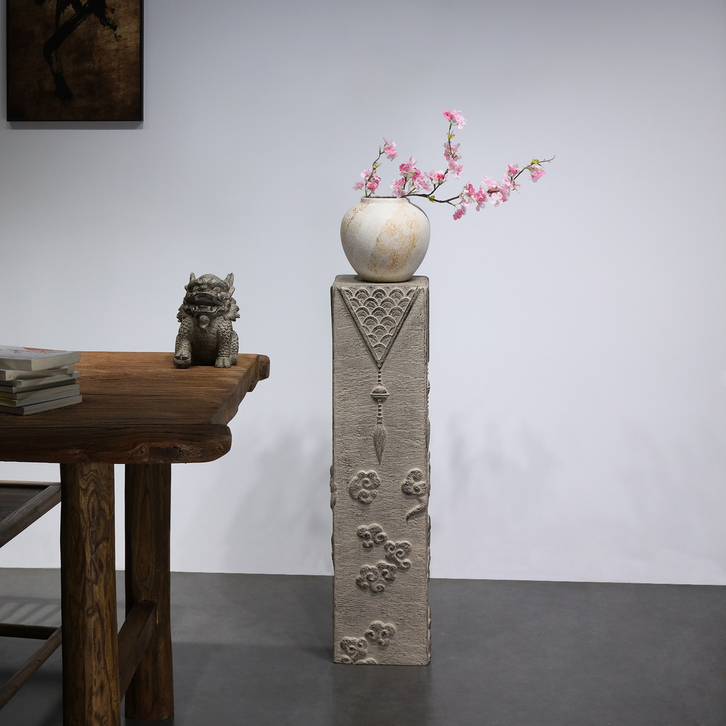 新中式祥云石柱墩艺术立柱仿古展示柱茶室落地底座禅意仿石头摆件