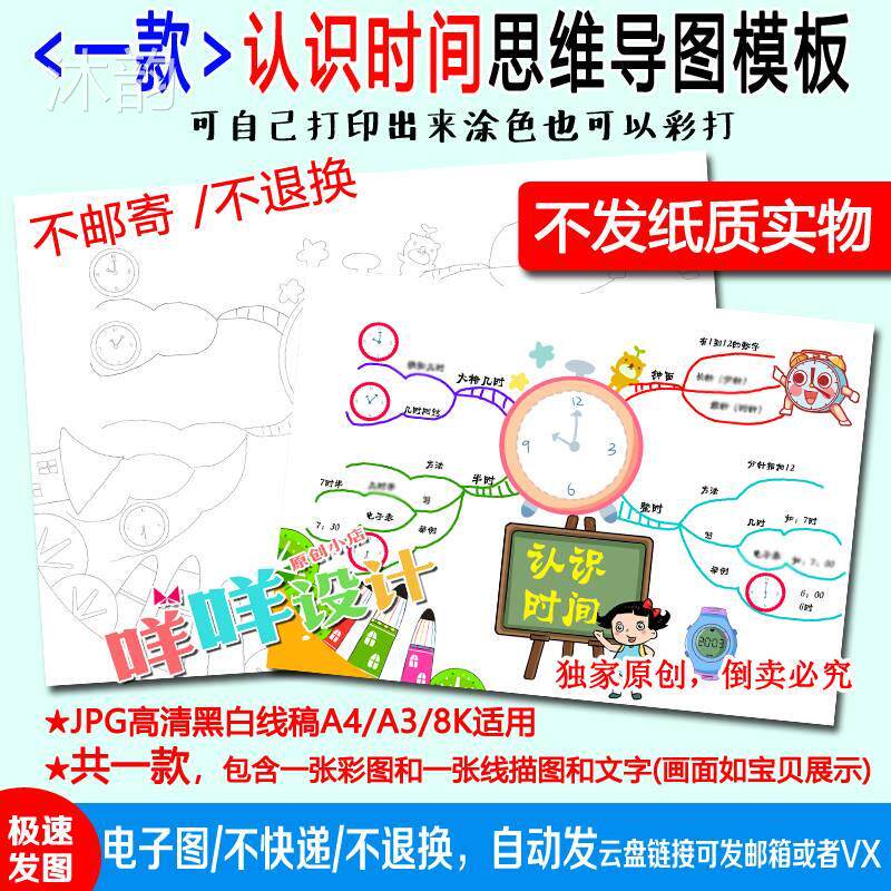 人教版小学生数学二年级上认识时间思维导图线描涂色手抄报模板