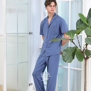 曼诺曼蒂克家居服套装男秋季新款纯色短袖外穿国民领睡衣套装舒适