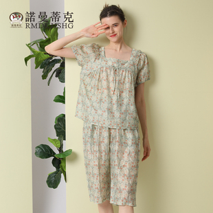 曼诺曼蒂克睡衣女夏季精梳棉女方领睡裙蝴蝶结短袖印花家居服套装