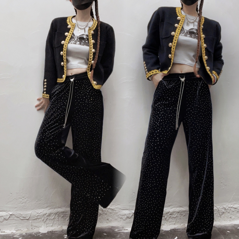 美式满天星烫钻直筒裤T恤两件套