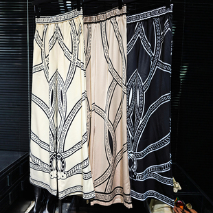 波西米亚风复古小众度假几何图形印花冰丝休闲裤 夏 缎面垂感阔腿裤