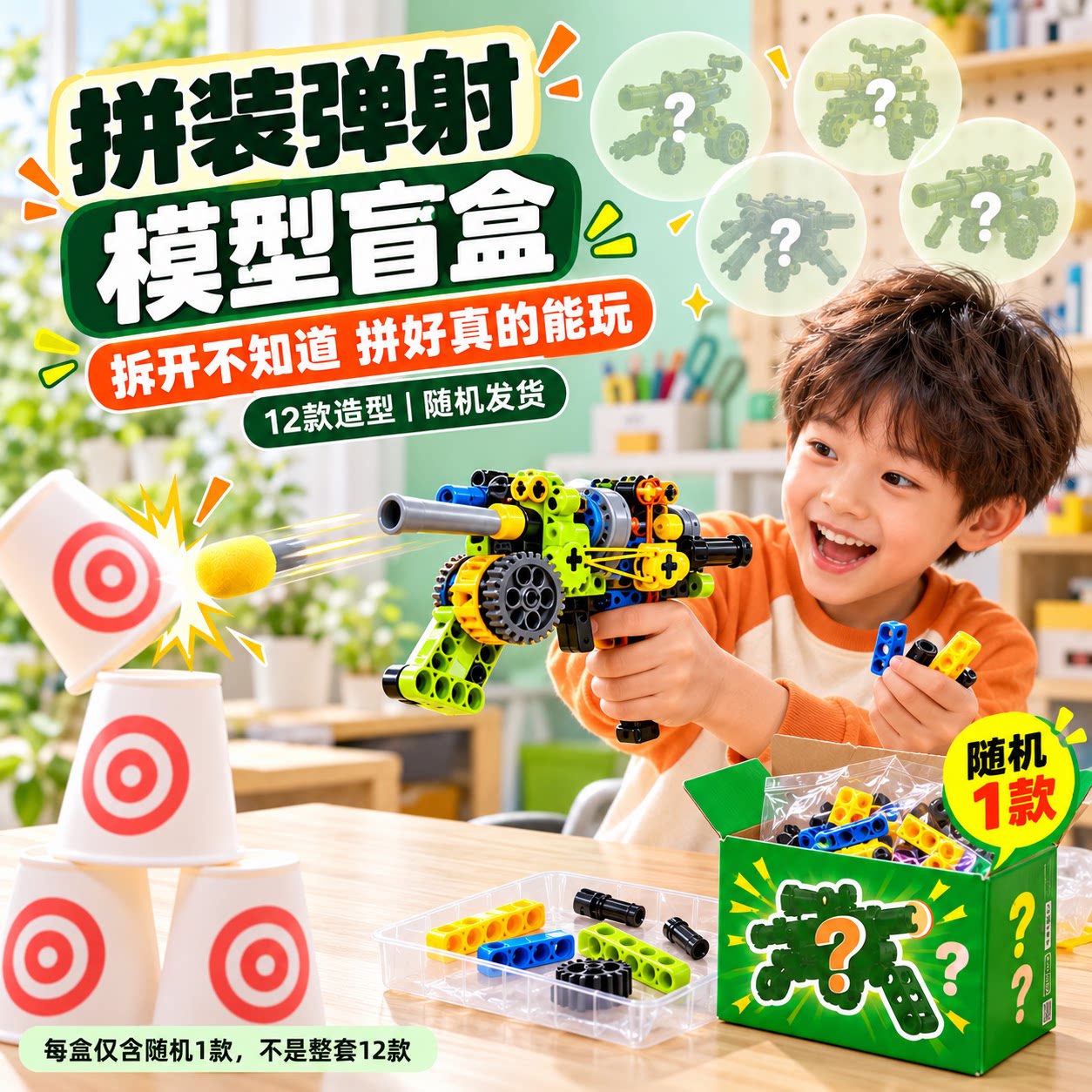 儿童拼装武器盲盒玩具左轮手枪可发射积木枪模型奖品生日礼物男孩