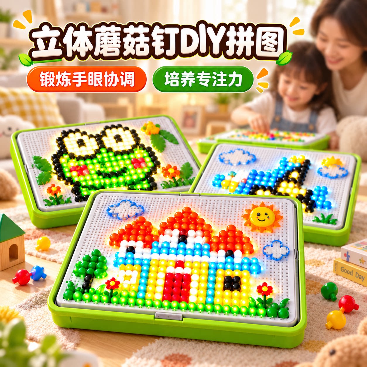 立体百变拼图DIY2蘑菇钉益智玩具大颗粒儿童插插乐3专注力男女孩6