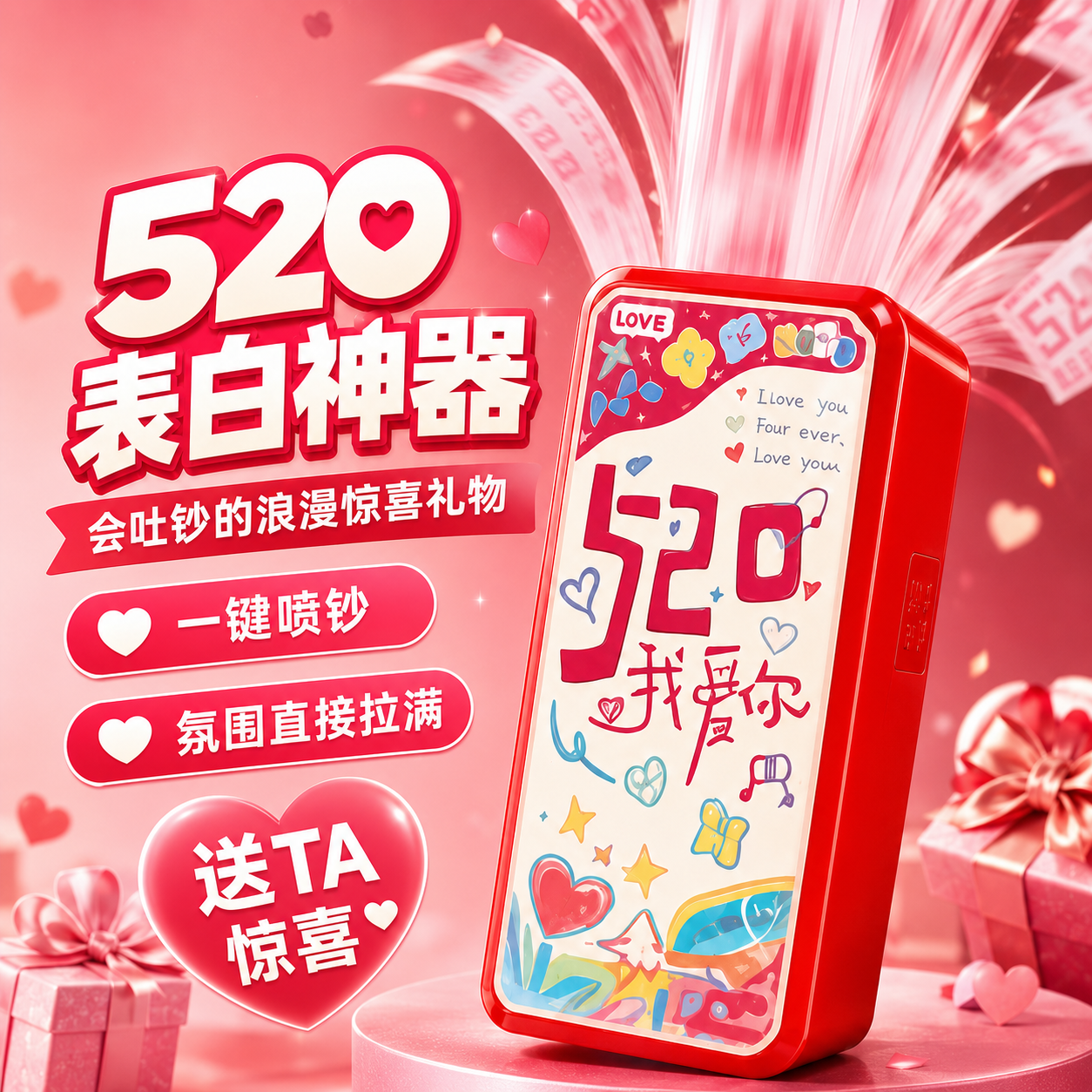 遥控喷钱吐钞机情人节520生日惊喜盒子送女朋友求婚创意道具礼物