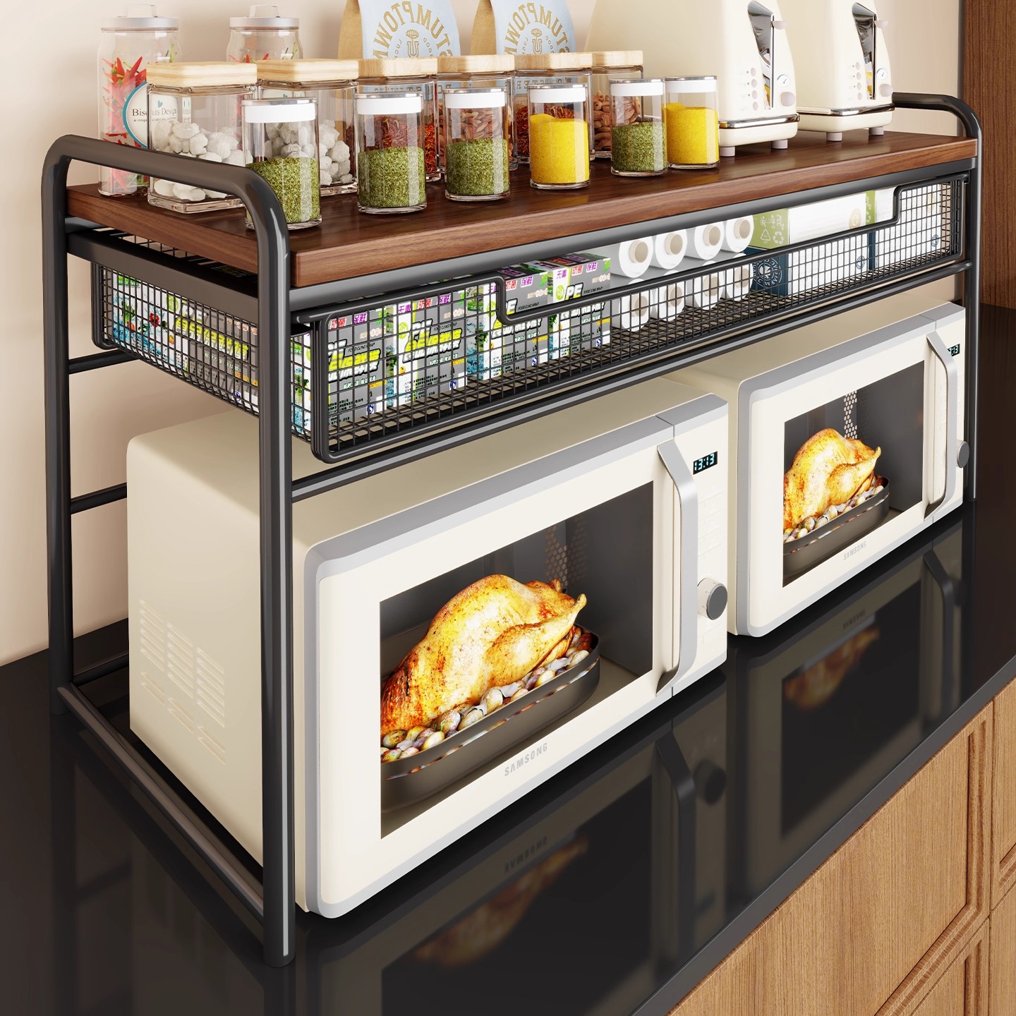 微波炉置物架厨房抽拉式收纳架