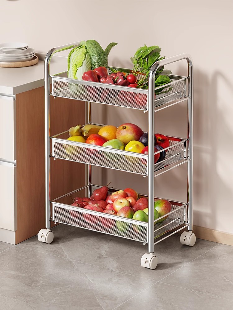 厨房置物架小推车落地家用可移动带滑轮多层架子放果蔬菜篮收纳架