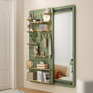 洞洞板置物架穿衣镜一体入户壁墙上全身镜玄关带镜子实木收纳墙面