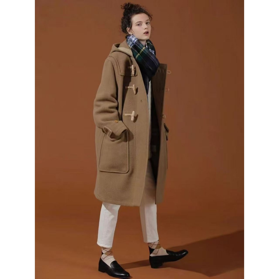 韩国英伦风连帽牛角扣羊毛大衣