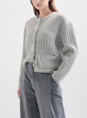 mmjz~韩国外贸LANV~25冬~简单大方圆领亮线直筒宽松麻花针织开衫