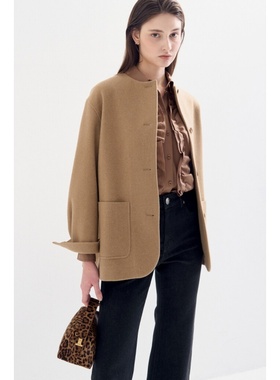 韩国高端LANV~25冬新款双面手缝羊毛大衣圆领宽松百搭短款外套女