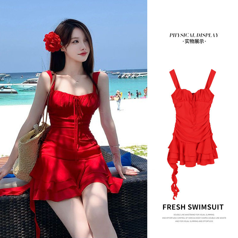 明媚夏日2024新款泳衣女夏季显白海边度假小红裙连衣裙式温泉泳装