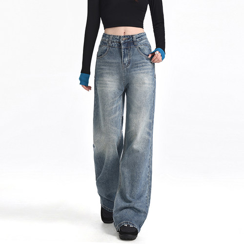 VWYZ初秋设计感复古怀旧阔腿裤宽松美式高腰显瘦直筒长裤牛仔裤女