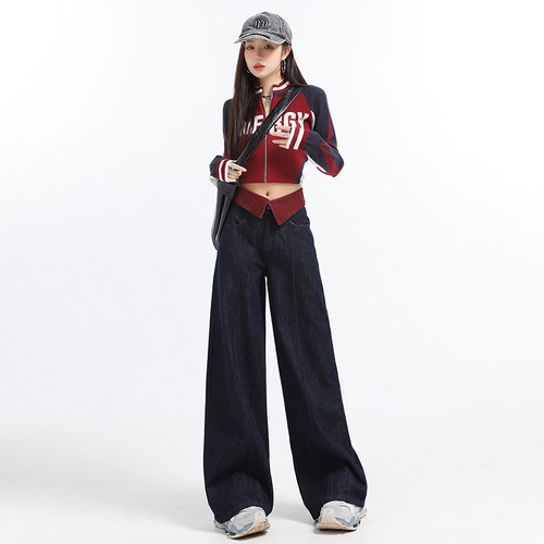 VWYZ丹宁蓝新款宽松高腰显瘦牛仔裤女拼接直筒裤春季阔腿长裤子