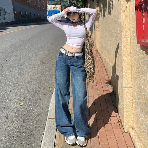 VWYZ2024年美式复古低腰宽松阔腿裤女秋冬新款百搭垂感直筒牛仔裤