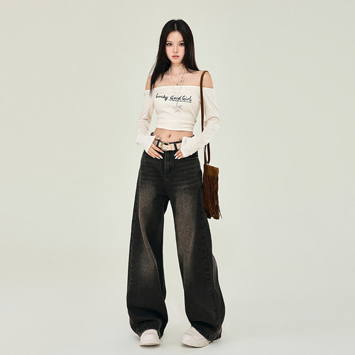 VWYZ高街复古宽松阔腿牛仔裤子2024年秋冬美式休闲咖色直筒裤女