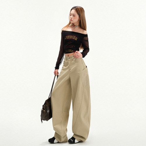 VWYZ新款春秋大口袋弯刀牛仔裤女美式复古拖地阔腿裤长裤休闲裤