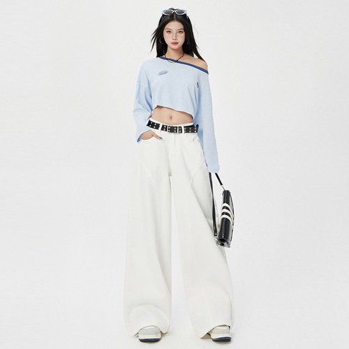 vwyz白色软牛仔休闲香蕉弯刀裤春夏2025新款阔腿牛仔裤拖地裤长裤