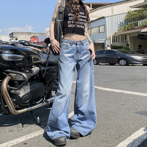 VWYZ美式复古烫银肌理阔牛仔裤女士2024夏季垂感显瘦直筒裤拖地裤