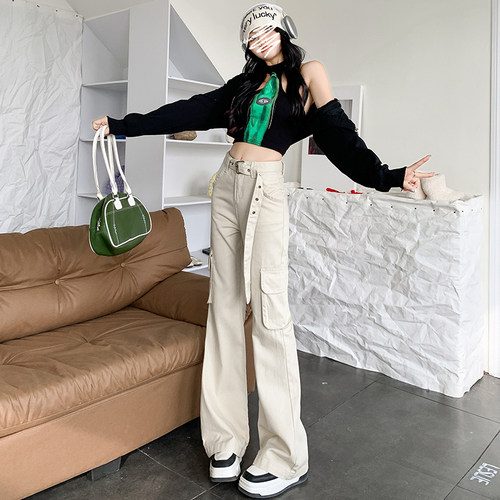 vwyz2025美式复古米垂感白色多口袋工装裤女新款街头宽松直筒裤子