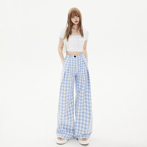 VWYZ春季高腰宽松阔腿裤显瘦格子休闲裤女慵懒风直筒拖地长裤子