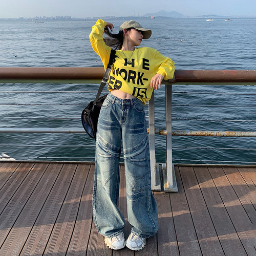 VWYZ秋冬高街潮牌设计感牛仔裤2024新款美式复古拼接宽松阔腿裤女