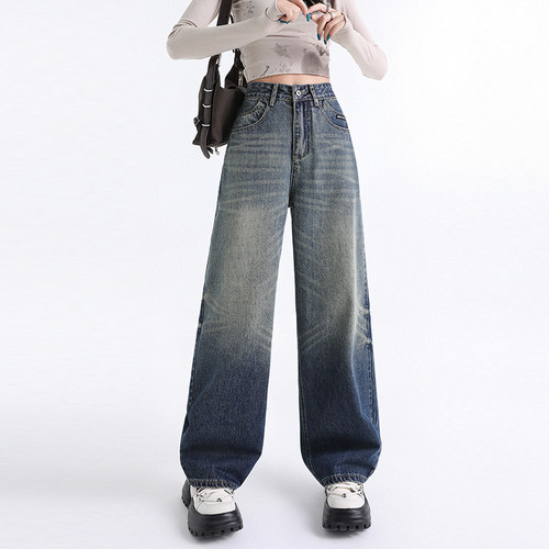 VWYZ新款复古蓝水洗宽松直筒裤女2024秋冬小个子显瘦阔腿牛仔裤子