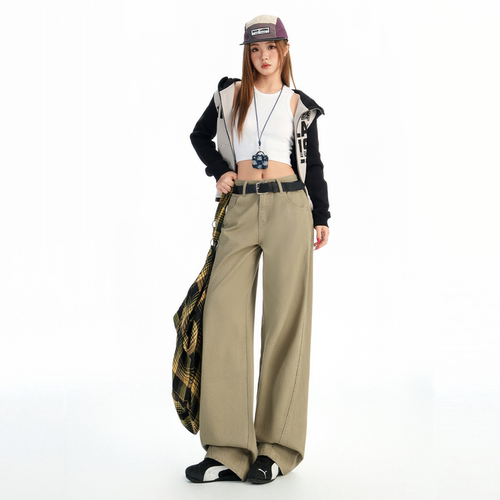 vwyz2025年新款卡绿色工装牛仔裤男女秋冬宽松百搭休闲阔腿拖地裤