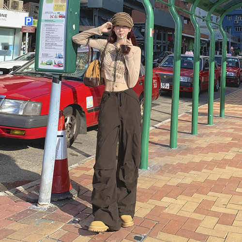 VWYZ秋冬新款美式街头抽绳休闲裤女2024宽松褶皱直筒裤口袋工装裤