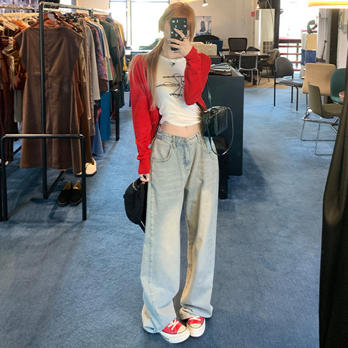 VWYZ美式辣妹牛仔裤女阔腿2024年新品浅色直筒裤设计感拖地裤子