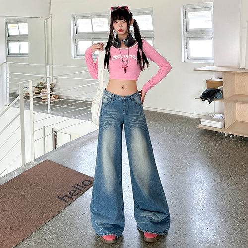 vwyz美式复古阔腿牛仔裤女2025新款水洗蓝宽松显瘦垂感直筒拖地裤