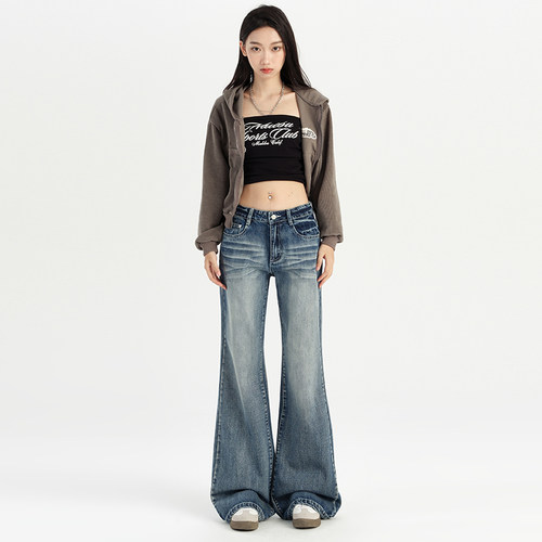 VWYZ2024美式复古直筒牛仔裤女秋冬新款浅蓝色宽松水洗微喇拖地裤