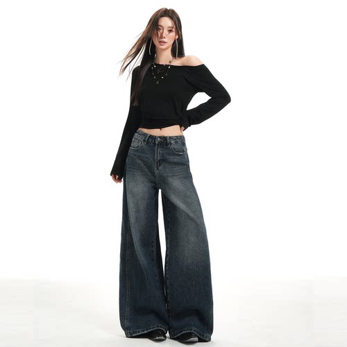 vwyz2025新款美式复古做旧阔腿牛仔裤女高腰显瘦宽松垂感拖地裤子