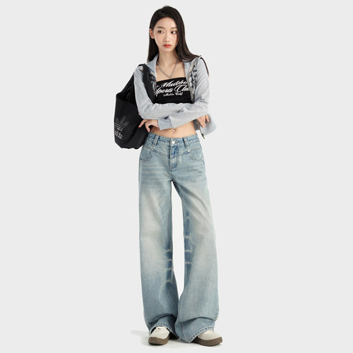 VWYZ新款高腰显瘦牛仔裤女2024美式怀旧复古宽松阔腿直筒拖地裤子